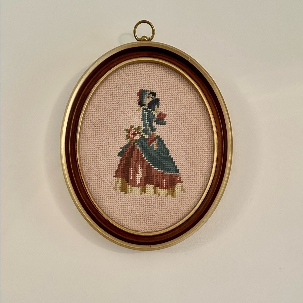 Vintage Cross-Stitch Wall Art in Gold Frame